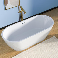 Lordear White Oval Acrylic Freestanding Bath Tub with Overflow and Drain