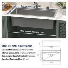 Lordear 33'' Drop In Kitchen Sinks Single Bowl With Accessories