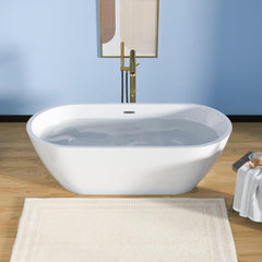 Lordear White Oval Acrylic Freestanding Bath Tub with Overflow and Drain