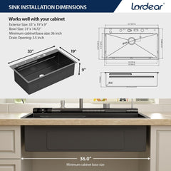 Lordear 36 Inch Black Drop-In Kitchen Sink