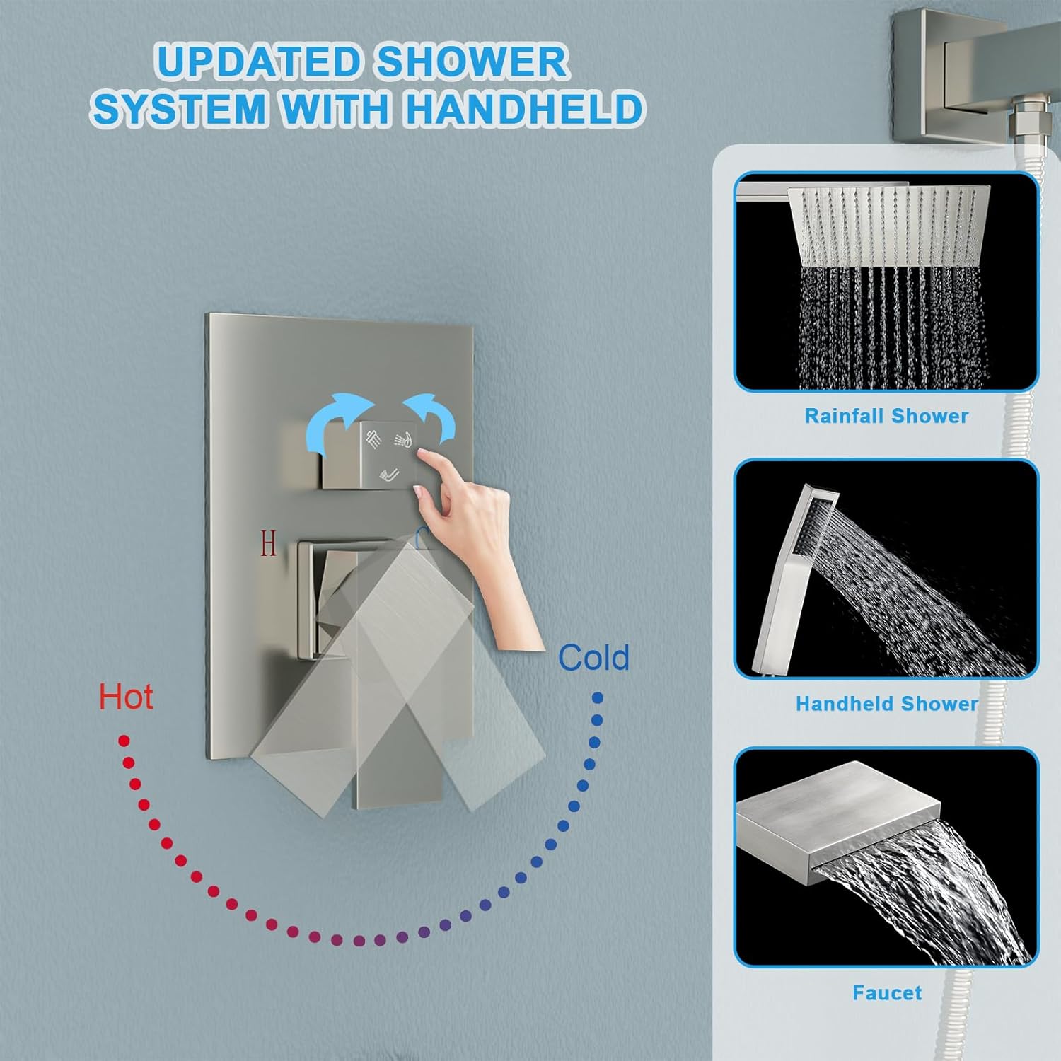 Lordear 12" Stainless Steel Wall Mounted Rainfall Square Shower Head with Handheld and Faucet from Lordear