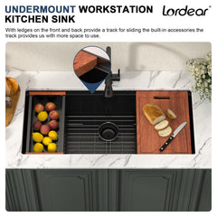 Lordear 39'' Matte Black Stainless Steel Undermount Workstation Kitchen Sink