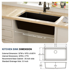 Lordear 32x19x9 Inch Undermount Kitchen Sink Single Bowl
