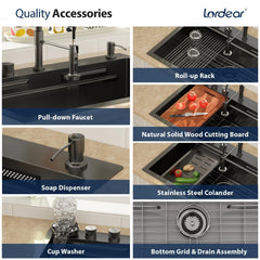 Lordear 33 Inch Black Drop-In Waterfall Workstation Kitchen Sink