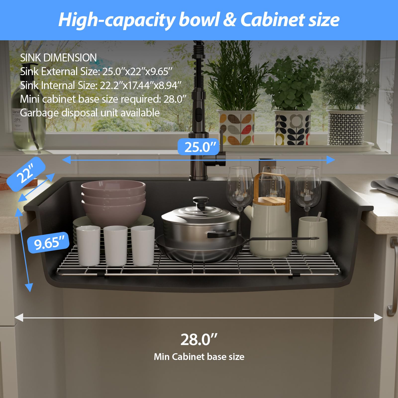 Lordear 25'' x 22'' Quartz Black Drop In Single Bowl Kitchen Sink  from Lordear