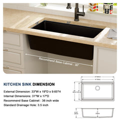 Lordear 33x19x9 Inch Undermount Kitchen Sink Single Bowl