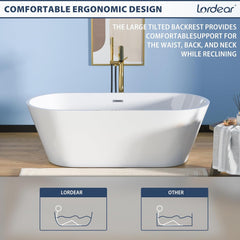 Lordear 67'' White Acrylic Oval Freestanding Bathtub with Overflow and Drain