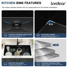 Lordear 36'' Matte Black Stainless Steel Undermount Workstation Kitchen Sink