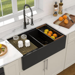 Lordear 33" Black Fireclay Farmhouse Sink Apron Front Double Bowl Workstation Sink