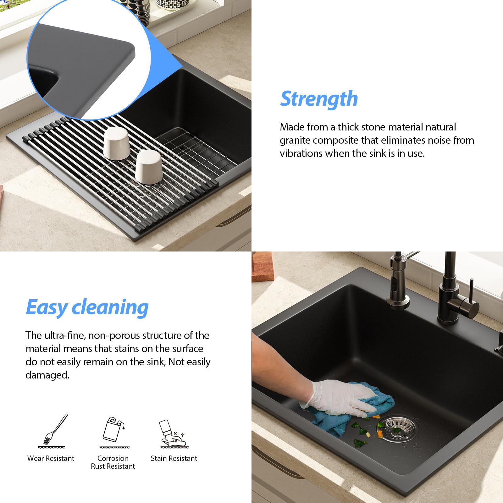 Lordear 25'' x 22'' Quartz Black Drop In Single Bowl Kitchen Sink  from Lordear