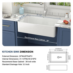 Lordear 33x20x9 Inch Farmhouse Kitchen Sink Single Bowl