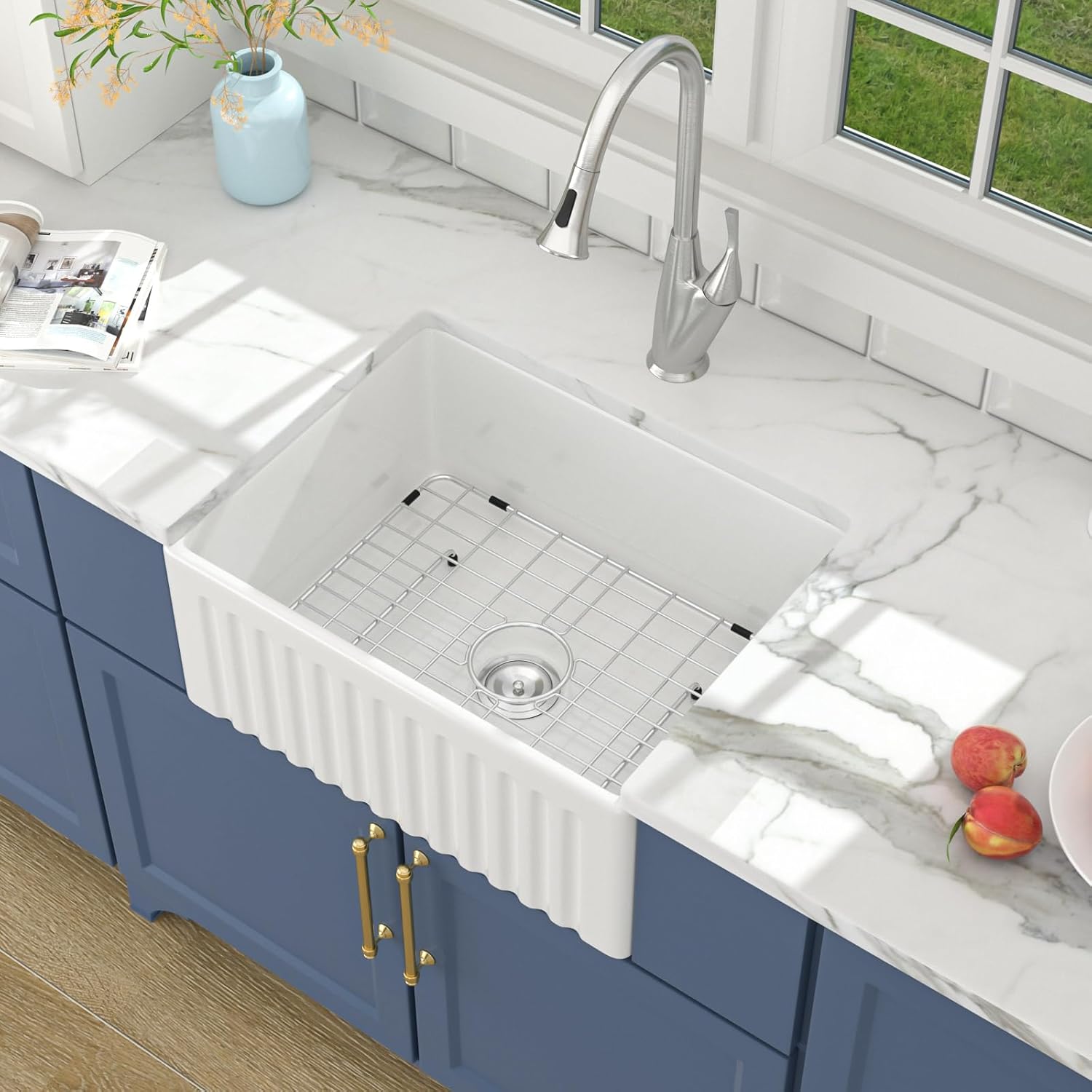 Lordear 24'' x 18'' White Ceramic Apron Front Single Bowl Farmhouse Kitchen Sink from Lordear