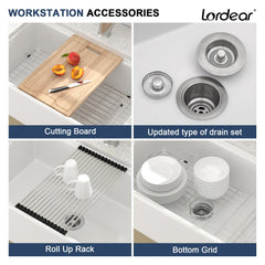 Lordear 33 Inch Glossy White Fireclay Workstation Farmhouse Kitchen Sink