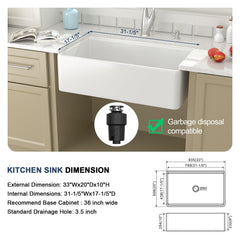 Lordear 33 Inch Glossy White Fireclay Workstation Farmhouse Kitchen Sink