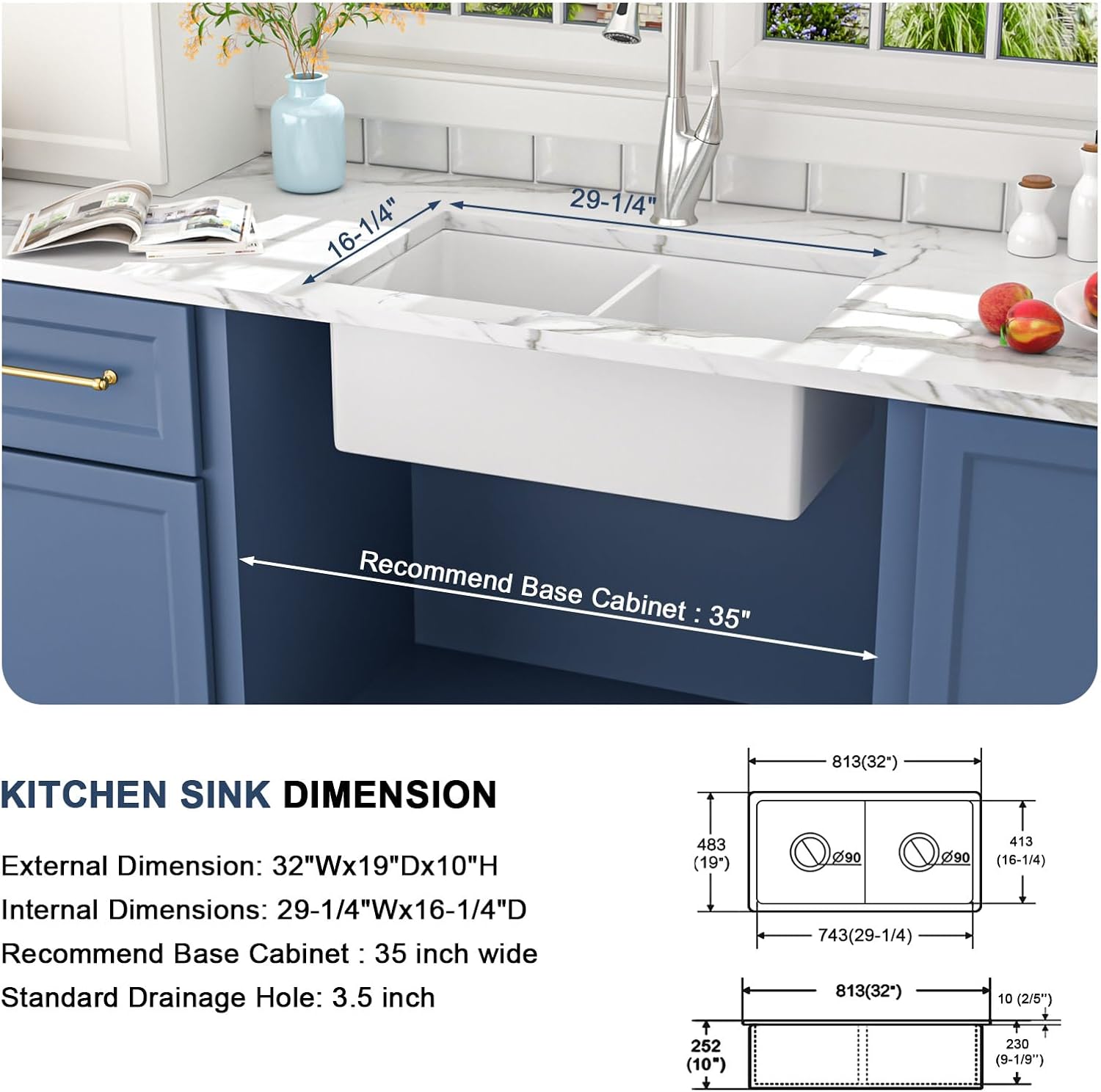 Lordear 32''x19'' White Fireclay Porcelain Ceramic 50/50 Double Bowl Undermount Kitchen Sink from Lordear