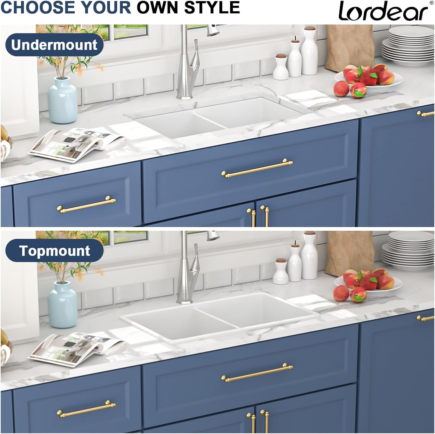 Lordear 32''x19'' White Fireclay Porcelain Ceramic 50/50 Double Bowl Undermount Kitchen Sink from Lordear