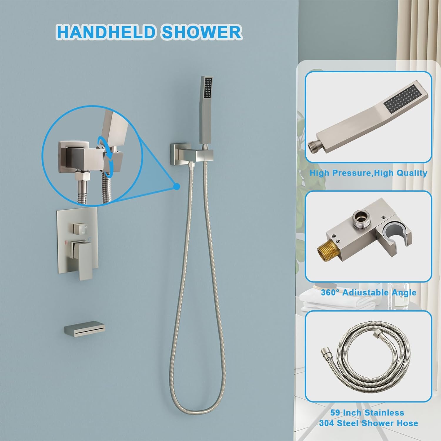 Lordear 12" Stainless Steel Wall Mounted Rainfall Square Shower Head with Handheld and Faucet from Lordear