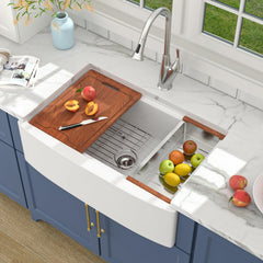 Lordear 33 Inch White Fireclay Workstation Farmhouse Kitchen Sink