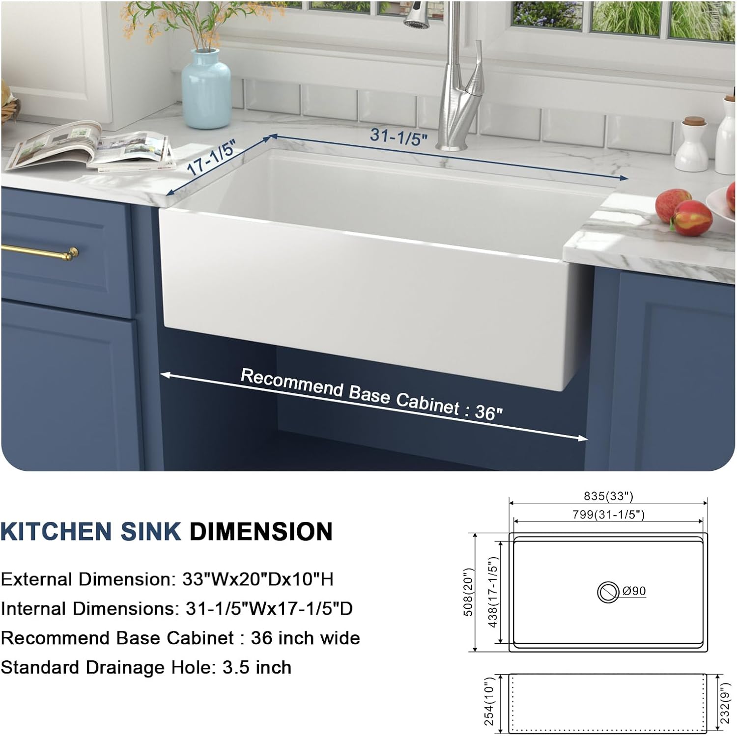 Lordear 33'' White Ceramic Apron Front Farmhouse Workstation Kitchen Sinks  from Lordear