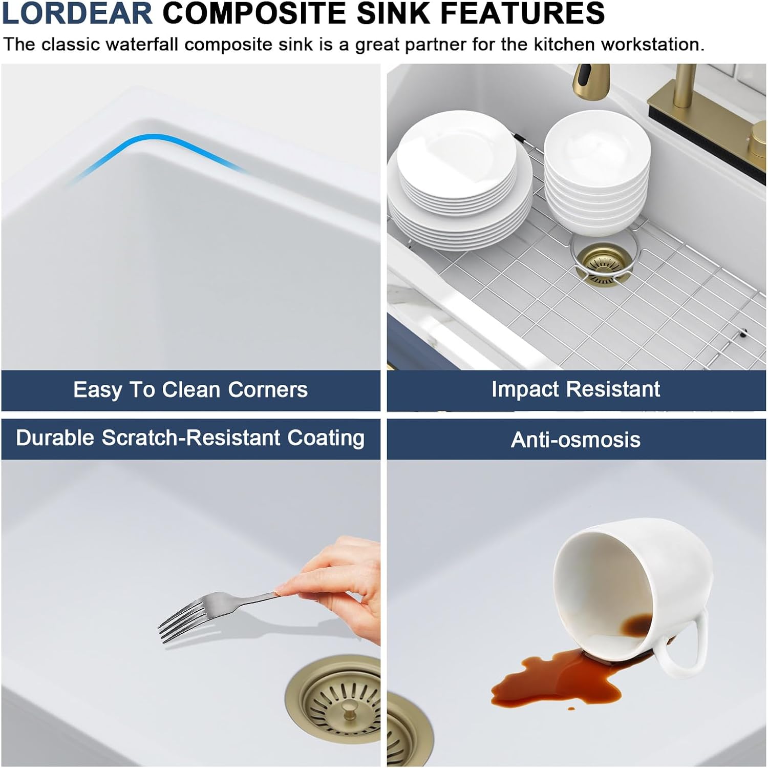 Lordear composite sink features with images of a hand using a fork, a cup with a spill, and text highlighting features.