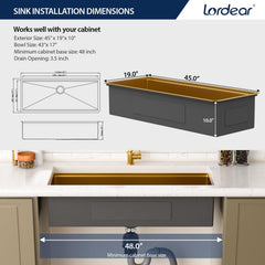 Lordear 45'' Gold Stainless Steel Undermount Workstation Kitchen Sink