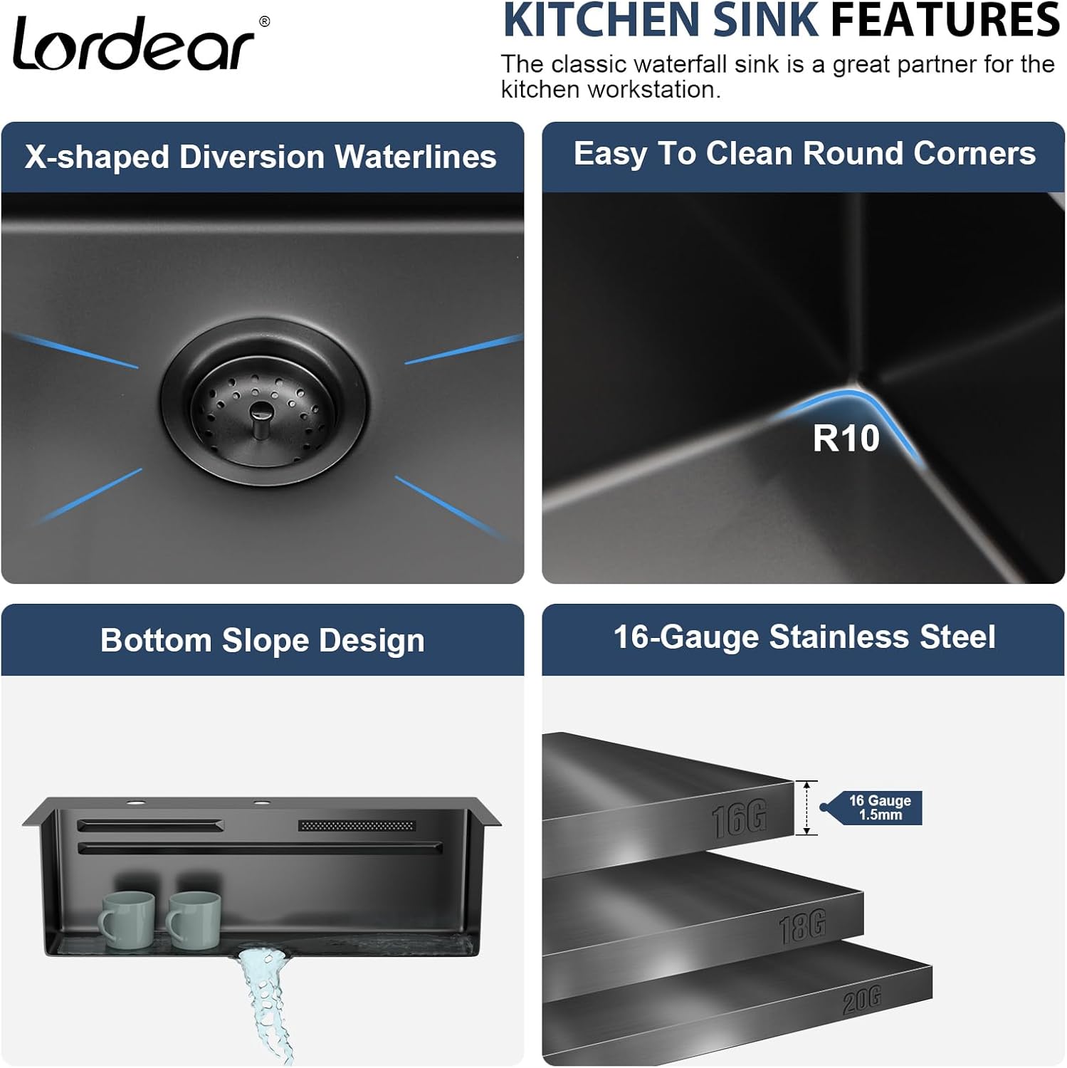 Lordear 31'' Stainless Steel Single Bowl Topmount Waterfall Workstation Kitchen Sink with Pull Out Faucet from Lordear