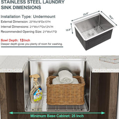 Lordear 23'' Undermount Workstation Single Bowl Stainless Steel Laundry Sink