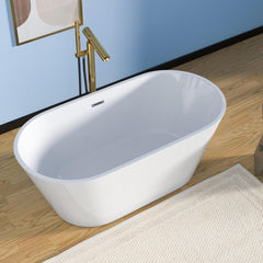 Lordear 59'' White Oval Acrylic Freestanding Bathtub with Overflow and Drain