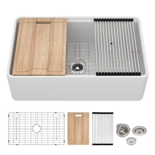 Lordear 33 Inch Glossy White Fireclay Workstation Farmhouse Kitchen Sink