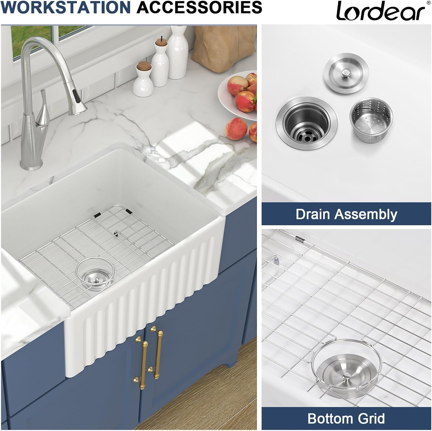 Lordear 24'' x 18'' White Ceramic Apron Front Single Bowl Farmhouse Kitchen Sink from Lordear