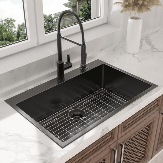 Lordear Gunmetal Black Drop-in Single Bowl Stainless Steel Kitchen Sink