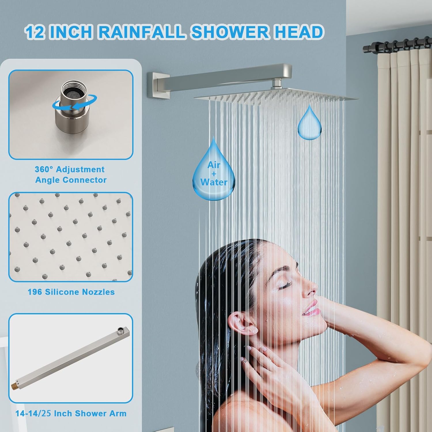 Lordear 12" Stainless Steel Wall Mounted Rainfall Square Shower Head with Handheld and Faucet from Lordear