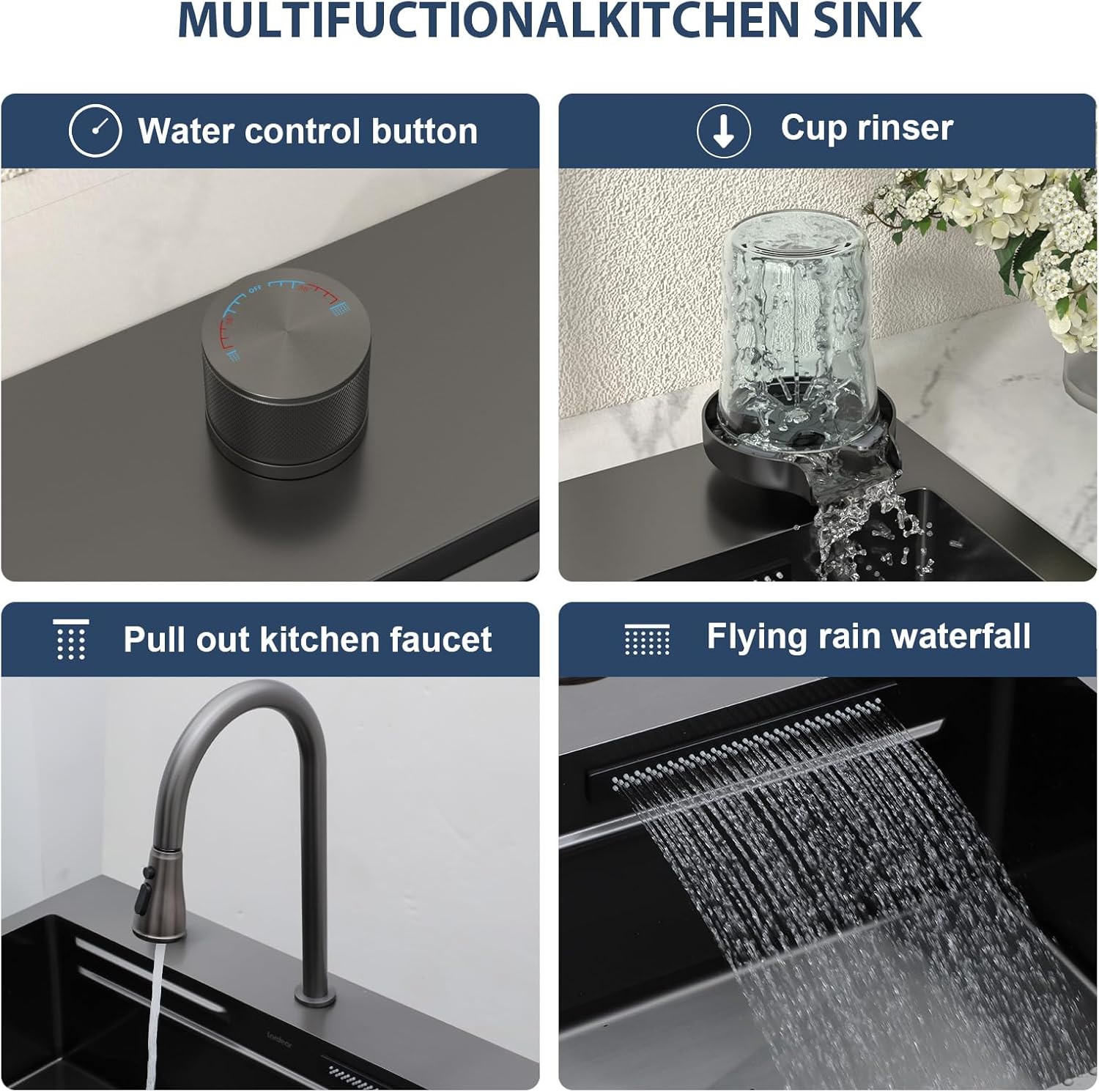 Lordear 31'' Stainless Steel Single Bowl Topmount Waterfall Workstation Kitchen Sink with Pull Out Faucet from Lordear