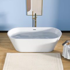 Lordear 67'' White Acrylic Oval Freestanding Bathtub with Overflow and Drain
