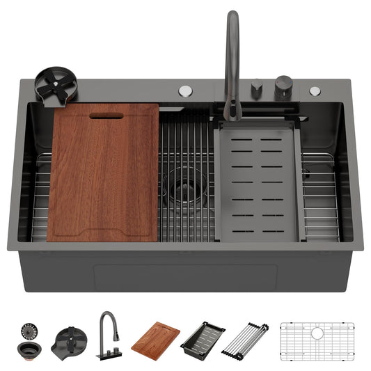 Lordear 36 Inch Black Drop-In Workstation Kitchen Sink
