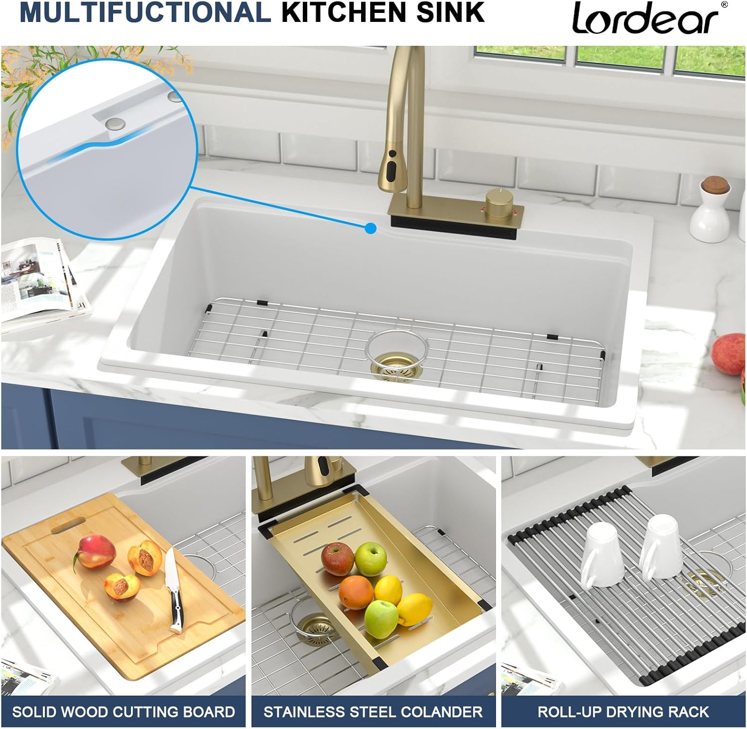 Multifunctional kitchen sink with cutting board, colander, and drying rack features.