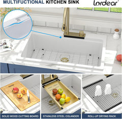 Multifunctional kitchen sink with cutting board, colander, and drying rack features.