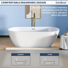 Lordear White Oval Acrylic Freestanding Bath Tub with Overflow and Drain