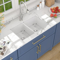 Lordear 32''x19'' White Fireclay Porcelain Ceramic 50/50 Double Bowl Undermount Kitchen Sink from Lordear