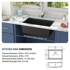 Lordear 28x19x9 Inch Undermount Kitchen Sink Single Bowl with Accessories