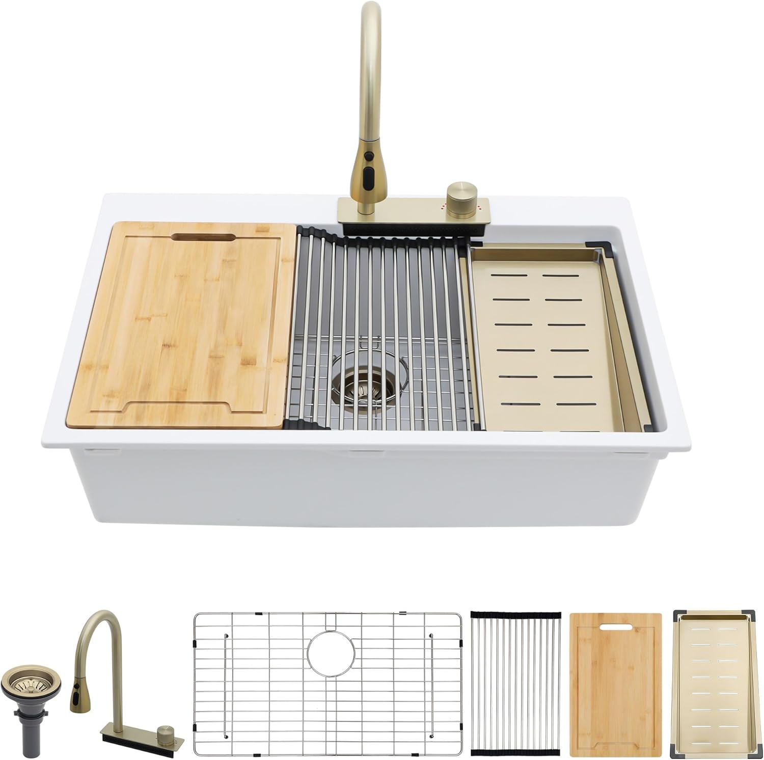 Kitchen sink with cutting board, drainboard, and faucet on a white background