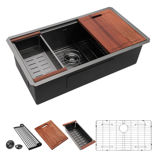 Lordear 32'' Gunmetal Black Stainless Steel Undermount Workstation Kitchen Sink