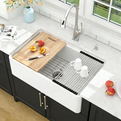 Lordear 33 Inch Glossy White Fireclay Workstation Farmhouse Kitchen Sink