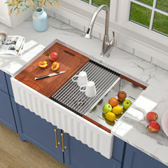 Lordear 33 Inch White Fireclay Workstation Farmhouse Kitchen Sink