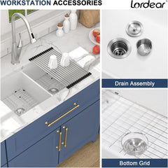 Lordear 32''x19'' White Fireclay Porcelain Ceramic 50/50 Double Bowl Undermount Kitchen Sink from Lordear