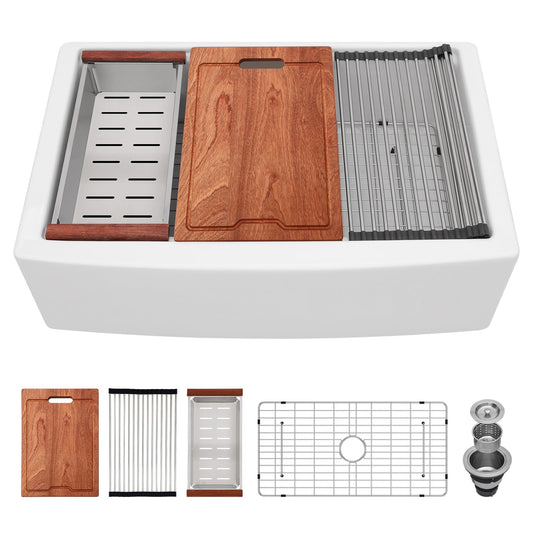 Lordear 33 Inch White Fireclay Workstation Farmhouse Kitchen Sink