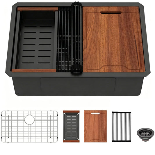 Lordear 28'' Matte Black Stainless Steel Workstation Kitchen Sink