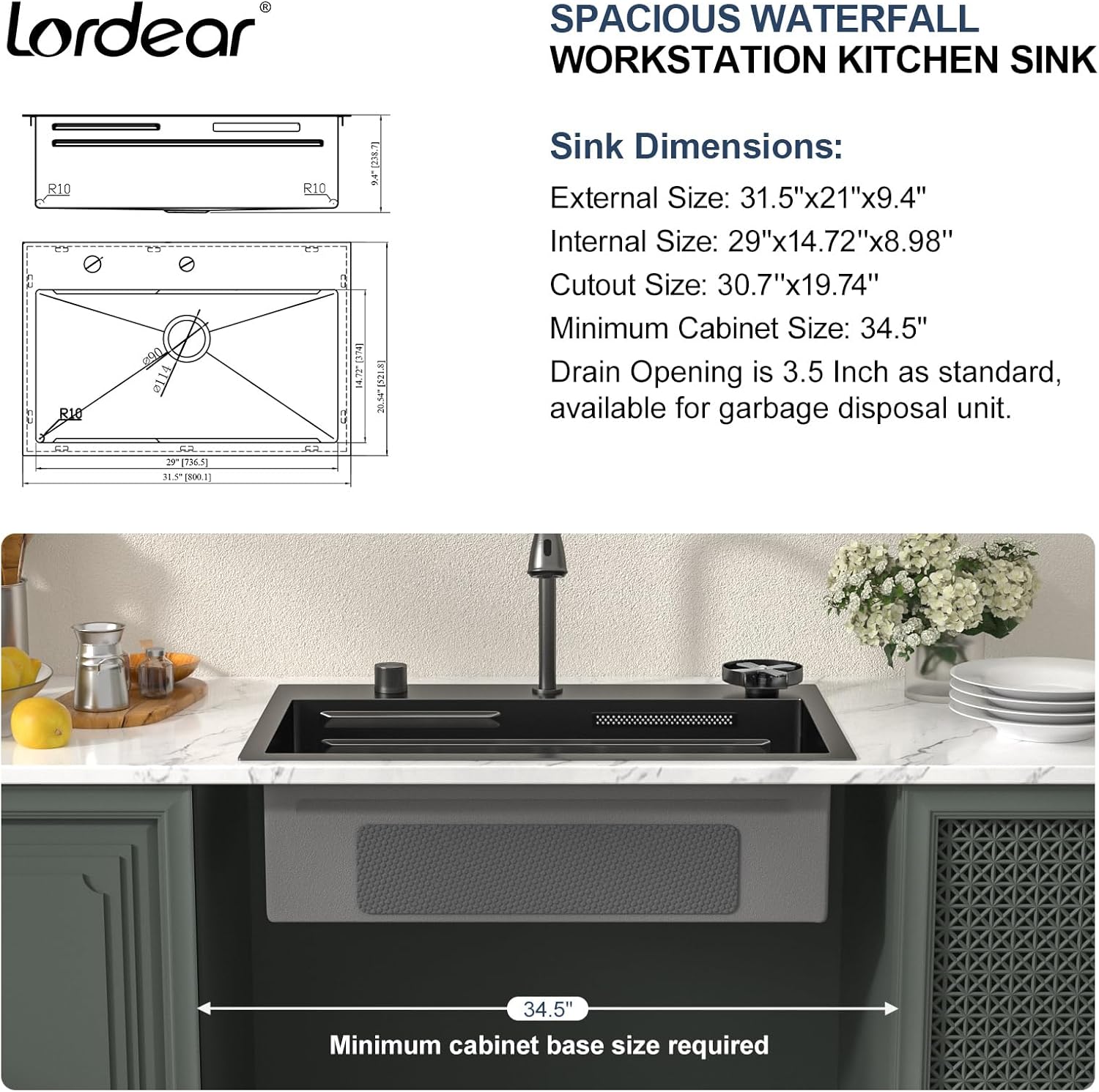 Lordear 31'' Stainless Steel Single Bowl Topmount Waterfall Workstation Kitchen Sink with Pull Out Faucet from Lordear