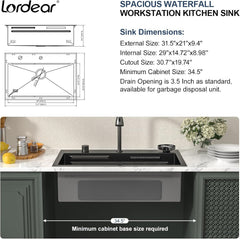 Lordear 31'' Stainless Steel Single Bowl Topmount Waterfall Workstation Kitchen Sink with Pull Out Faucet from Lordear