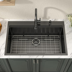 Lordear 33 Inch Matte Black Drop-In Workstation Kitchen Sink